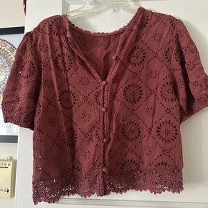 Abercrombie & Fitch Red Orange Puff Sleeve Cropped Blouse